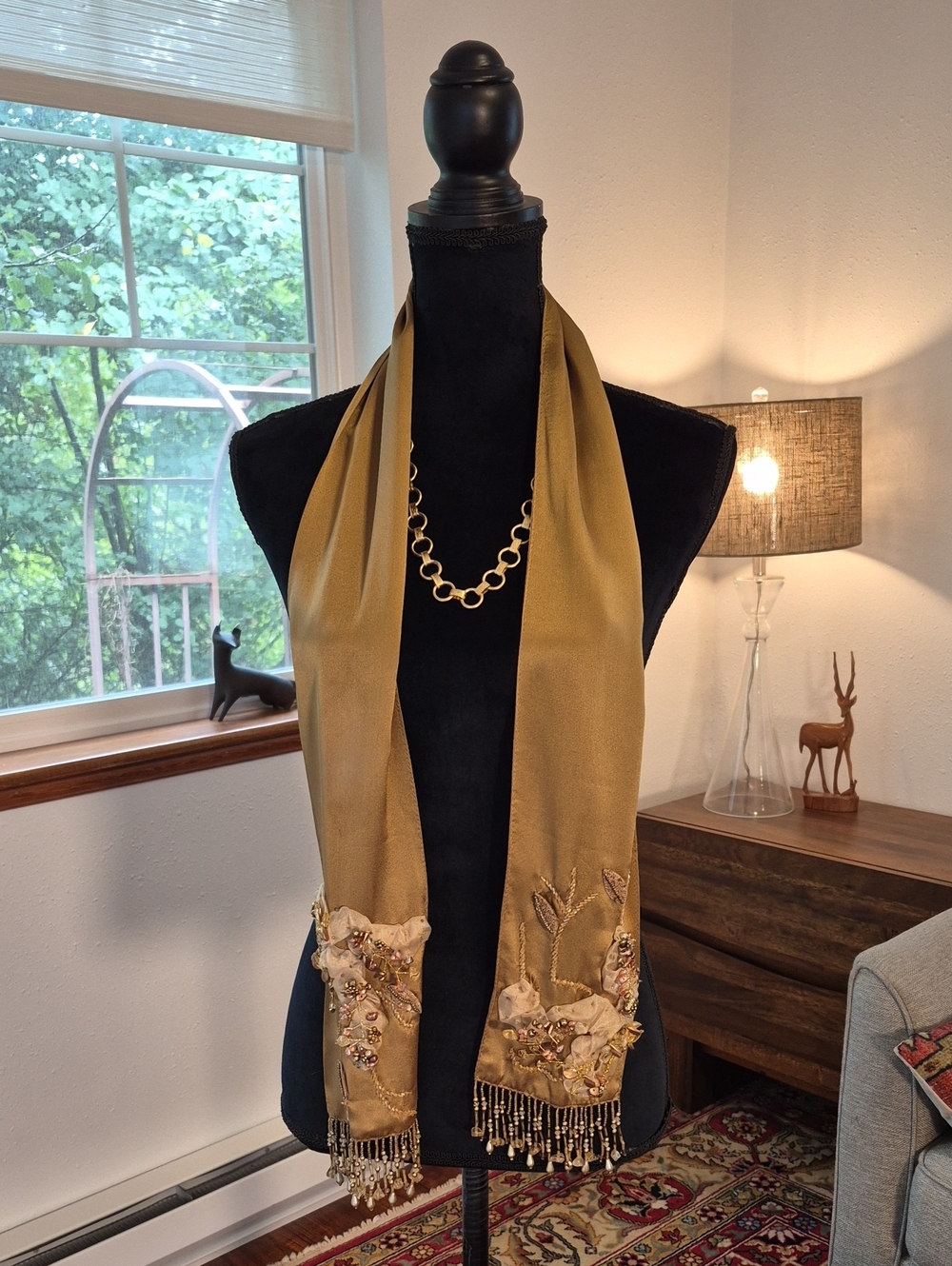 MARY FRANCES 90s Embellished Silk Scarf Gold